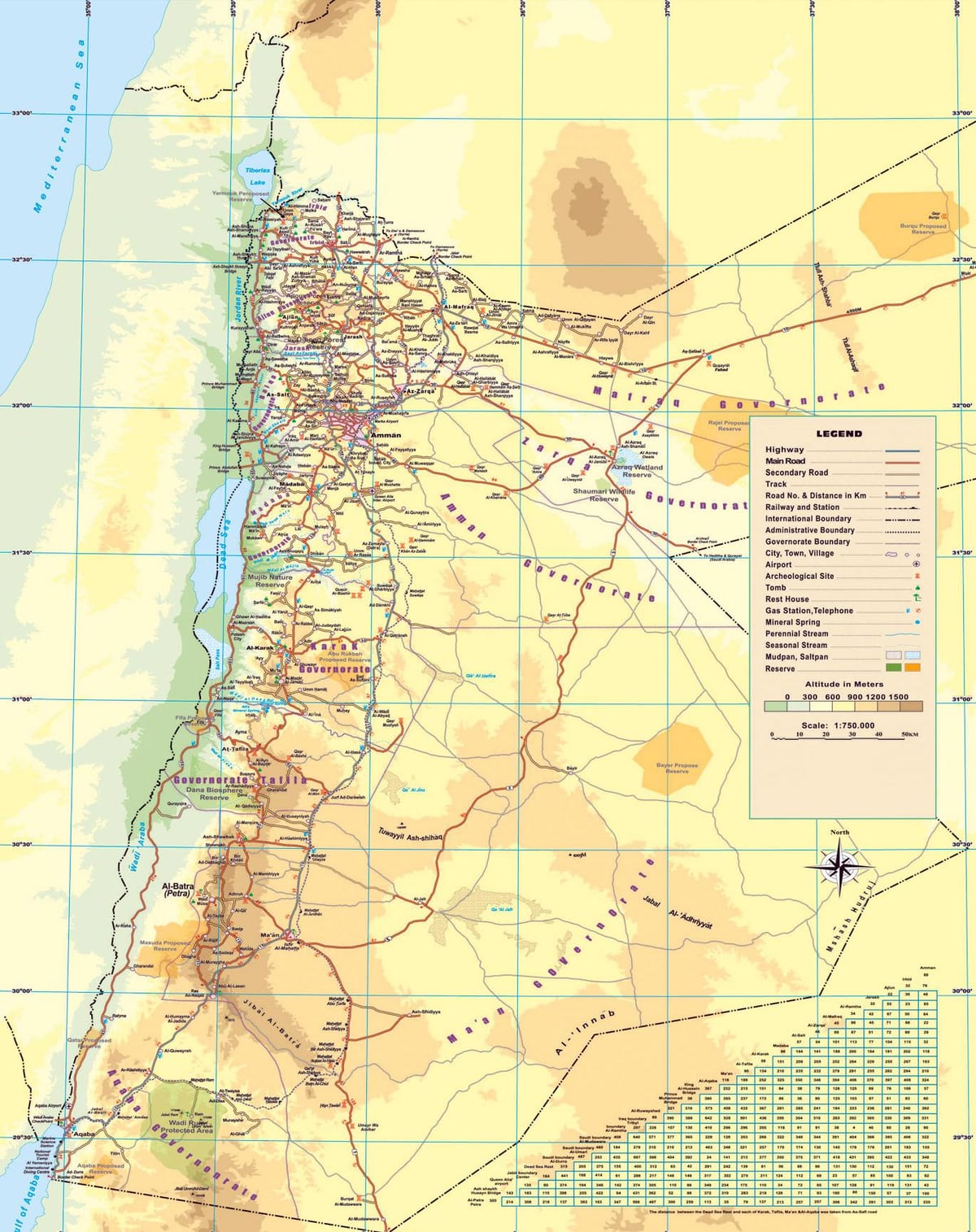 karta över fysiska karta över Jordanien